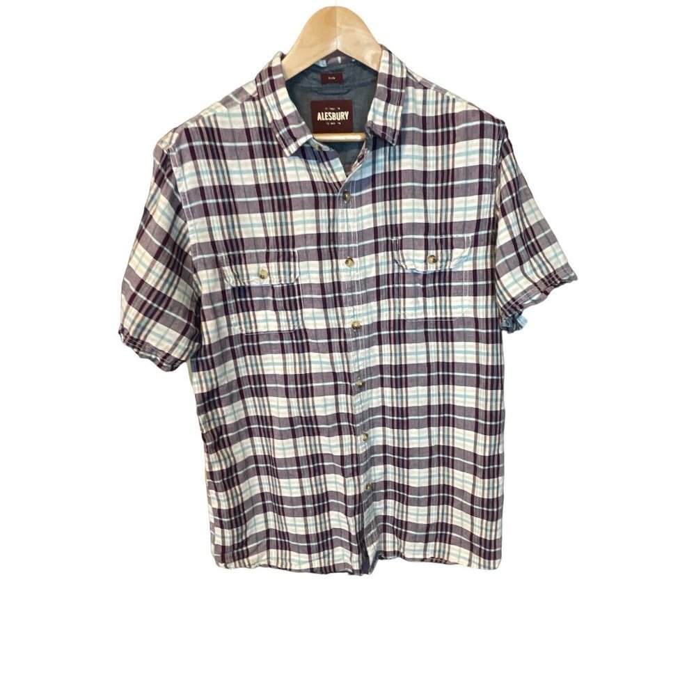 Alesbury Plaid Fitted Short Sleeved Button Down Mens Shirt Sz L
